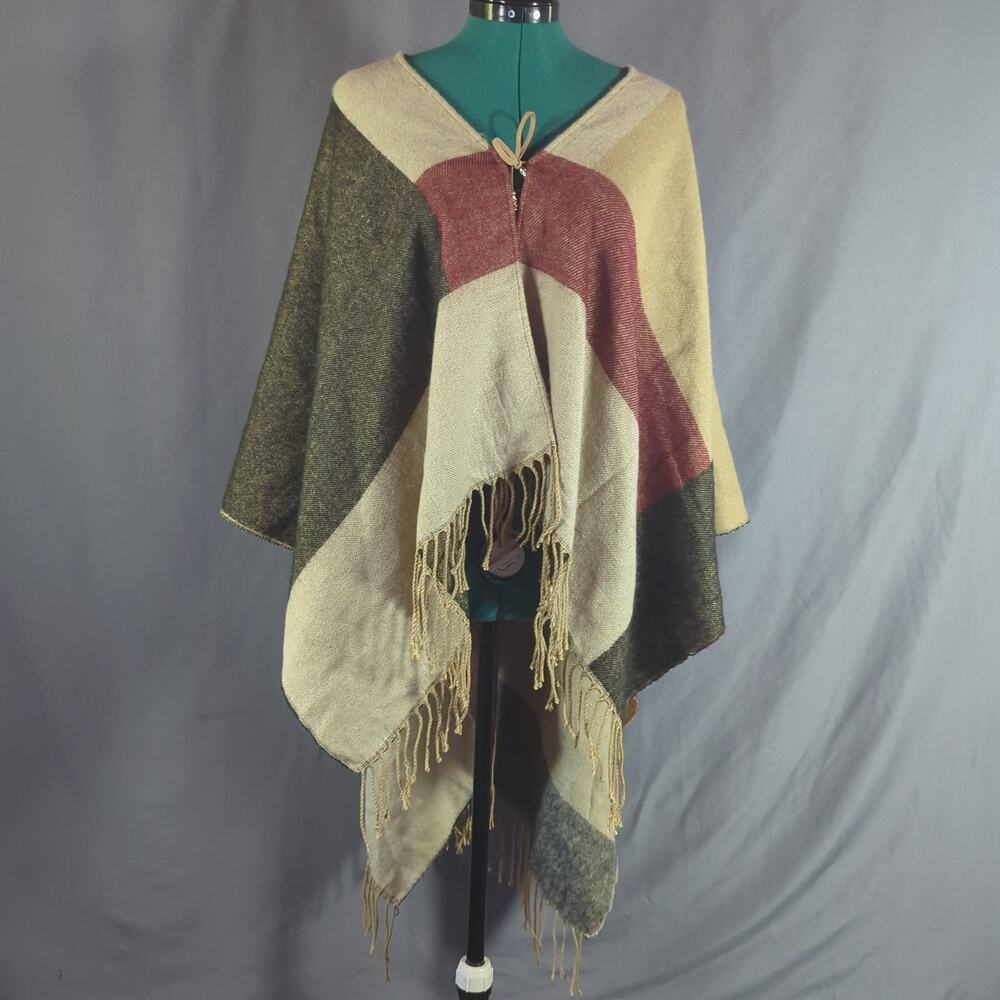 Marc New York Andrew Marc Poncho Cape Color Block Geometric Fringe Boho NWT